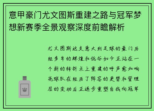 意甲豪门尤文图斯重建之路与冠军梦想新赛季全景观察深度前瞻解析