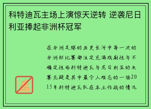 科特迪瓦主场上演惊天逆转 逆袭尼日利亚捧起非洲杯冠军